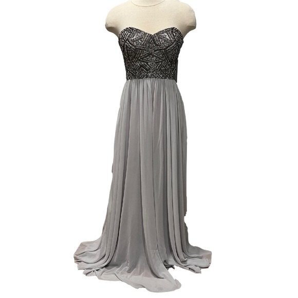 NEW Decode 1.8 Grey Sweetheart Beaded Bodice Long Strapless Chiffon Gown - Picture 1 of 8